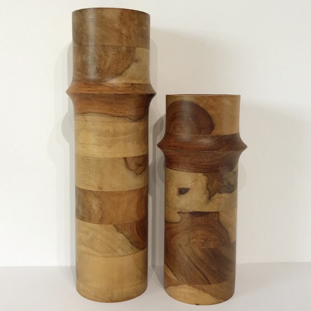 Vintage Hand Turned Wooden 13.5 and 10 Inch Cylindrical Vase Candlestick Holder